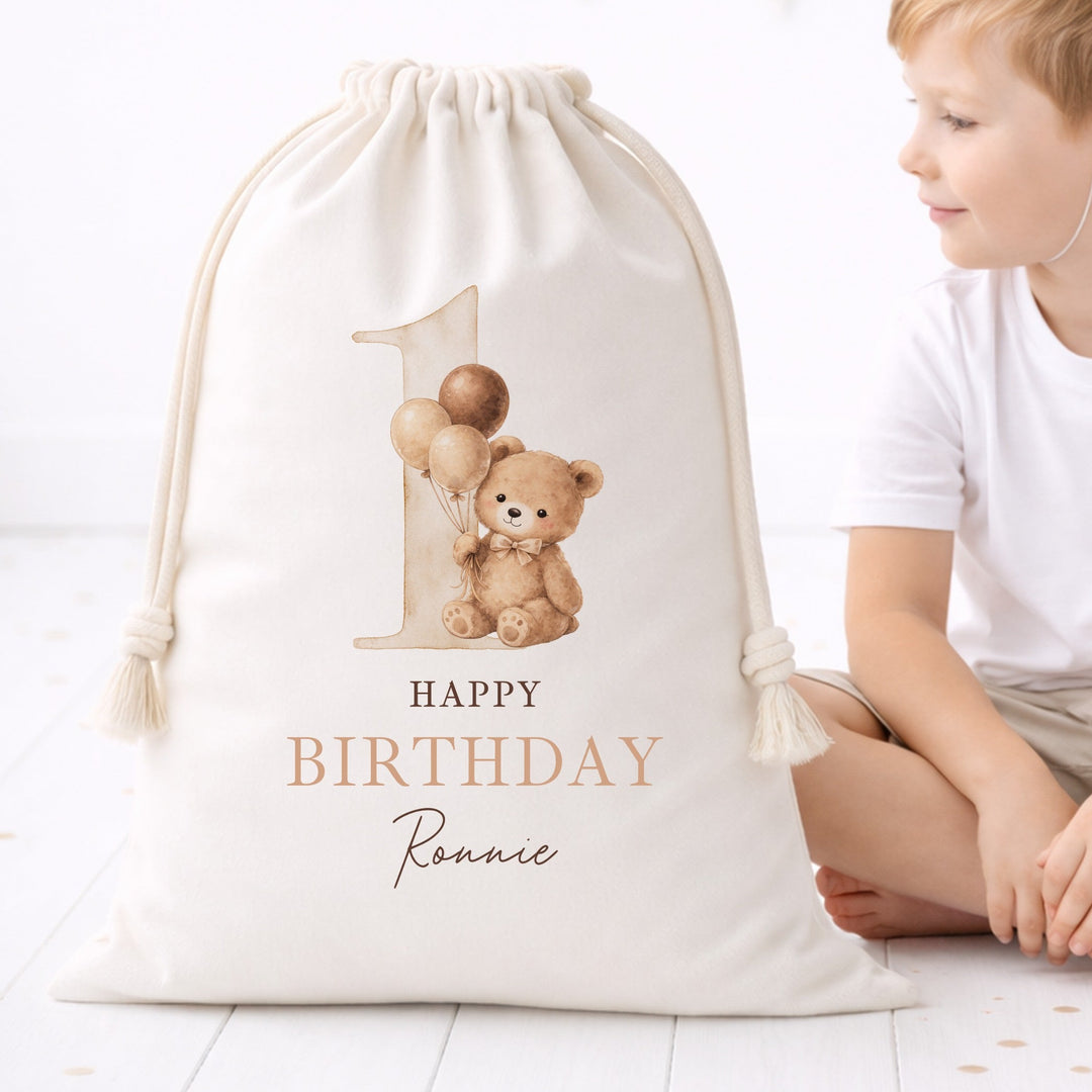 Personalised Beige Teddy Bear Birthday Gift Sack