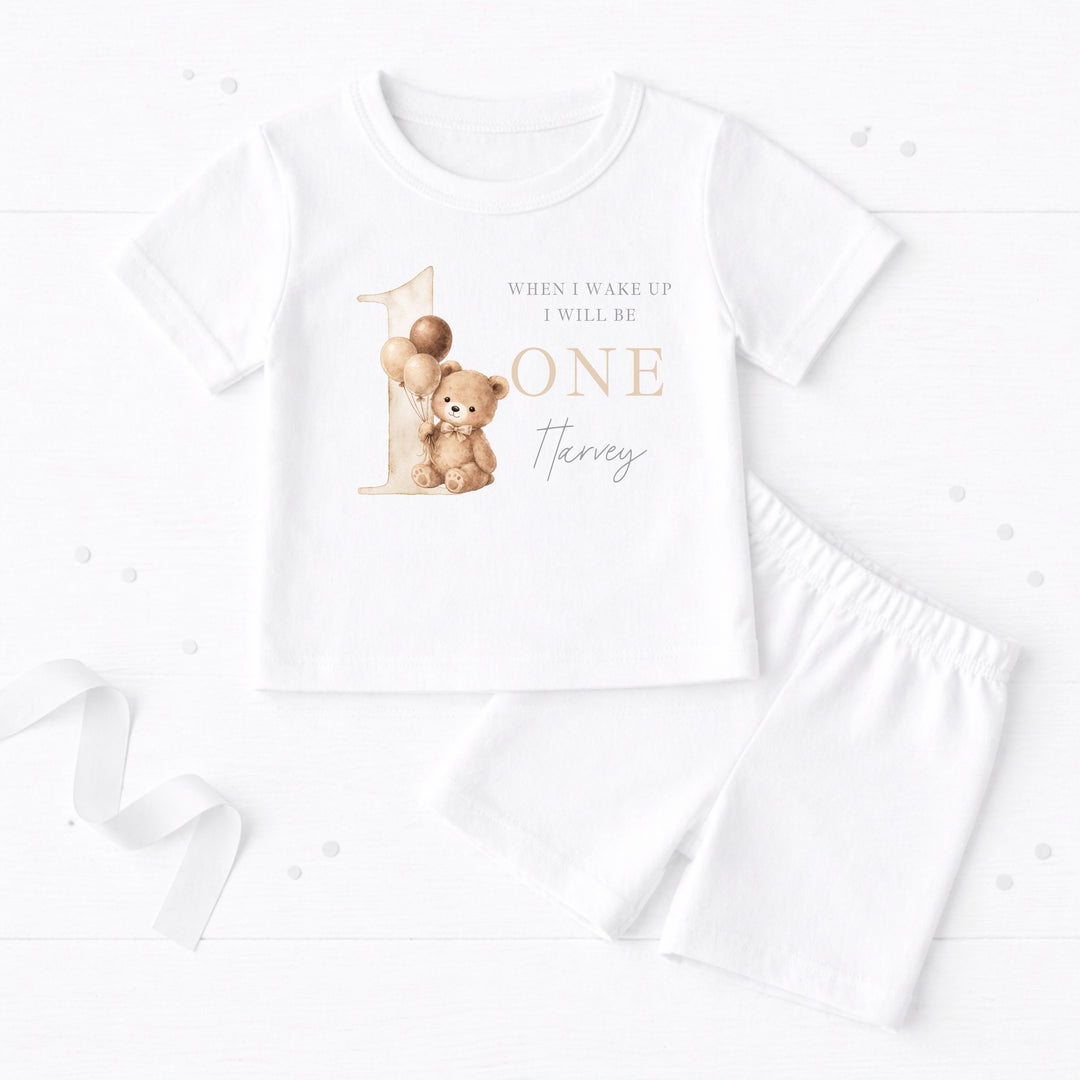 Personalised Beige Teddy When I Wake Up I Will Be One First Birthday Short Sleeve Pyjamas