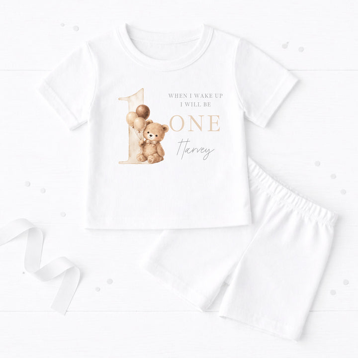 Personalised Beige Teddy When I Wake Up I Will Be One First Birthday Short Sleeve Pyjamas