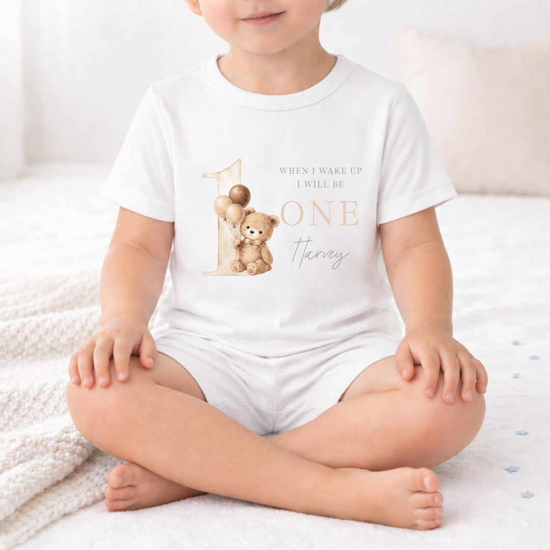 Personalised Beige Teddy When I Wake Up I Will Be One First Birthday Short Sleeve Pyjamas