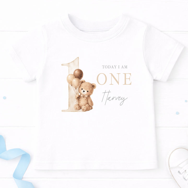 Personalised Beige Teddy Bear Today I am One Birthday White T-Shirt