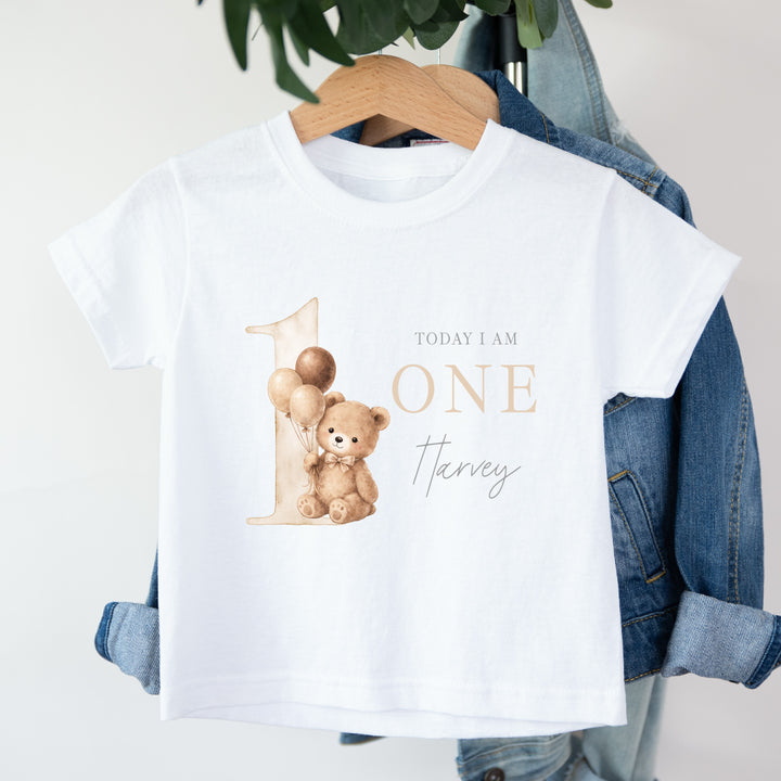 Personalised Beige Teddy Bear Today I am One Birthday White T-Shirt