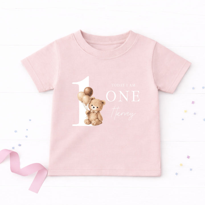 Personalised Beige Teddy Bear Today I am One Birthday T-Shirt