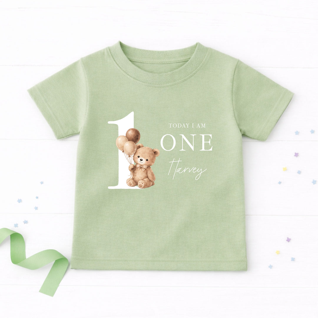 Personalised Beige Teddy Bear Today I am One Birthday T-Shirt