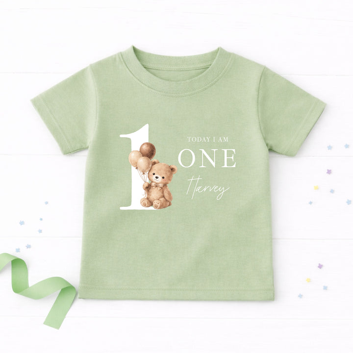 Personalised Beige Teddy Bear Today I am One Birthday T-Shirt