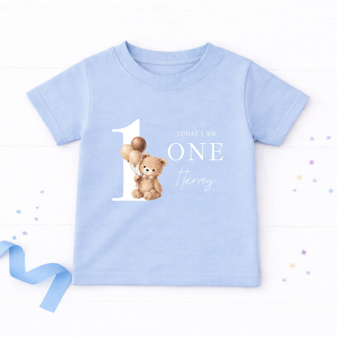 Personalised Beige Teddy Bear Today I am One Birthday T-Shirt