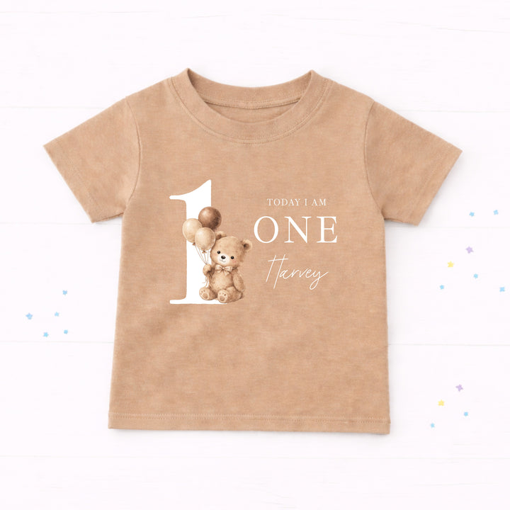 Personalised Beige Teddy Bear Today I am One Birthday T-Shirt