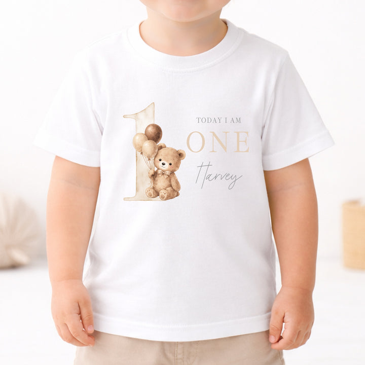 Personalised Beige Teddy Bear Today I am One Birthday White T-Shirt