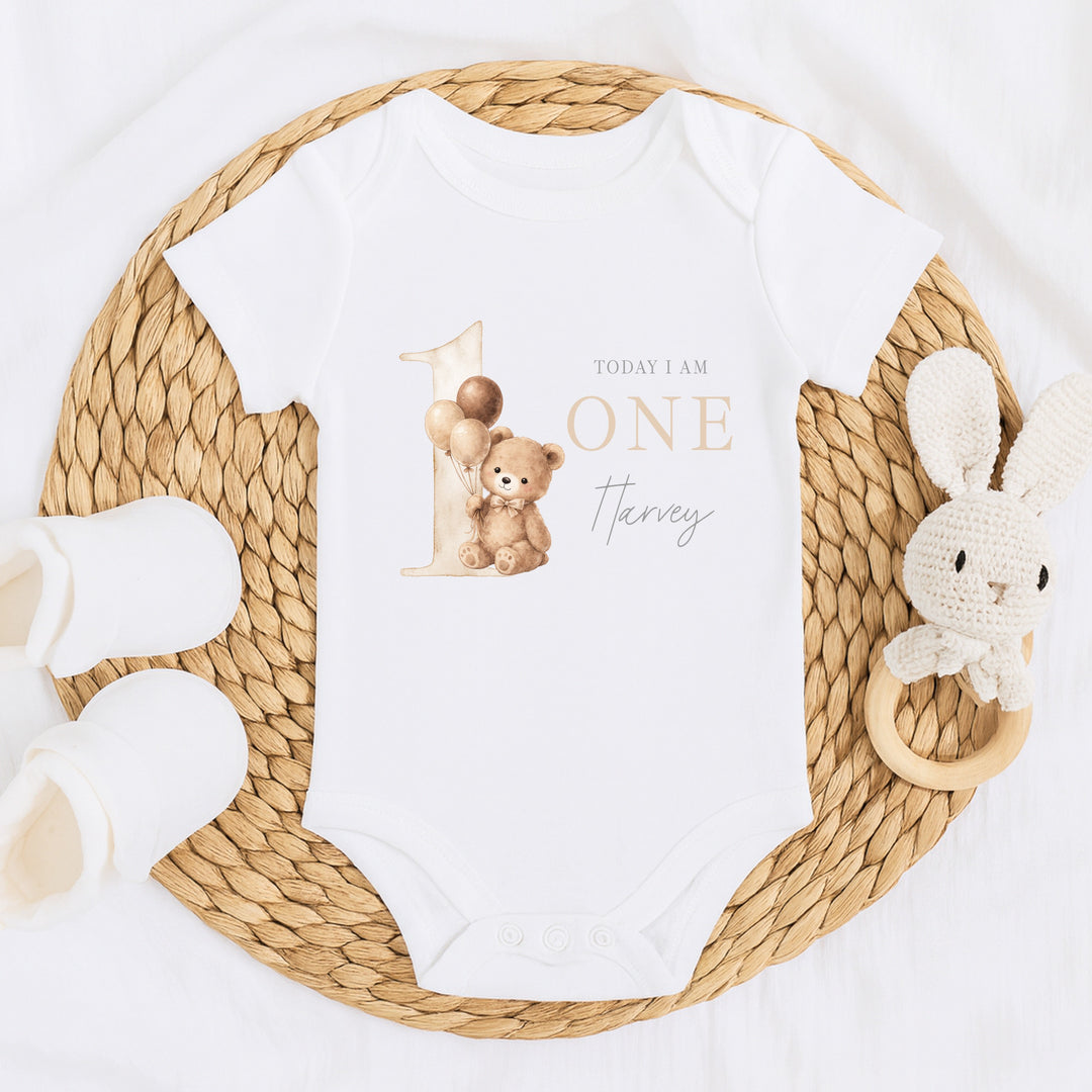 Personalised Beige Teddy Bear Today I am One Birthday Vest
