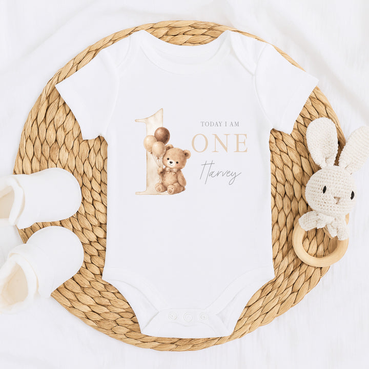 Personalised Beige Teddy Bear Today I am One Birthday Vest