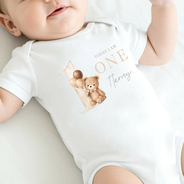 Personalised Beige Teddy Bear Today I am One Birthday Vest