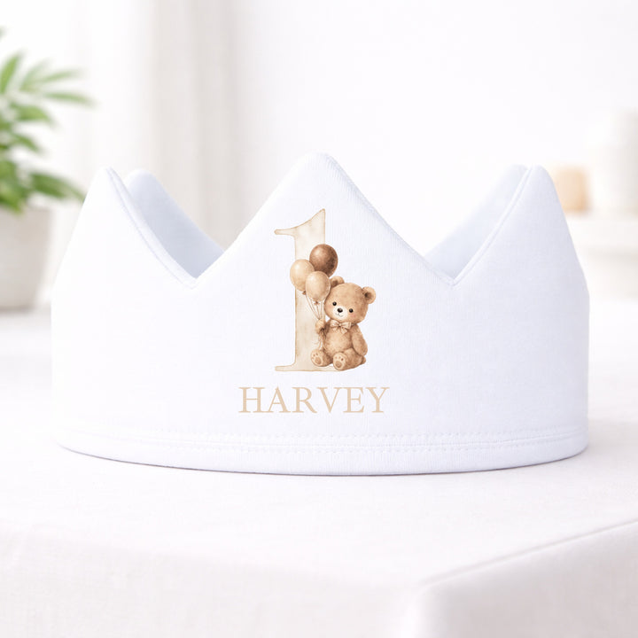 Personalised White Beige Teddy First Birthday Crown