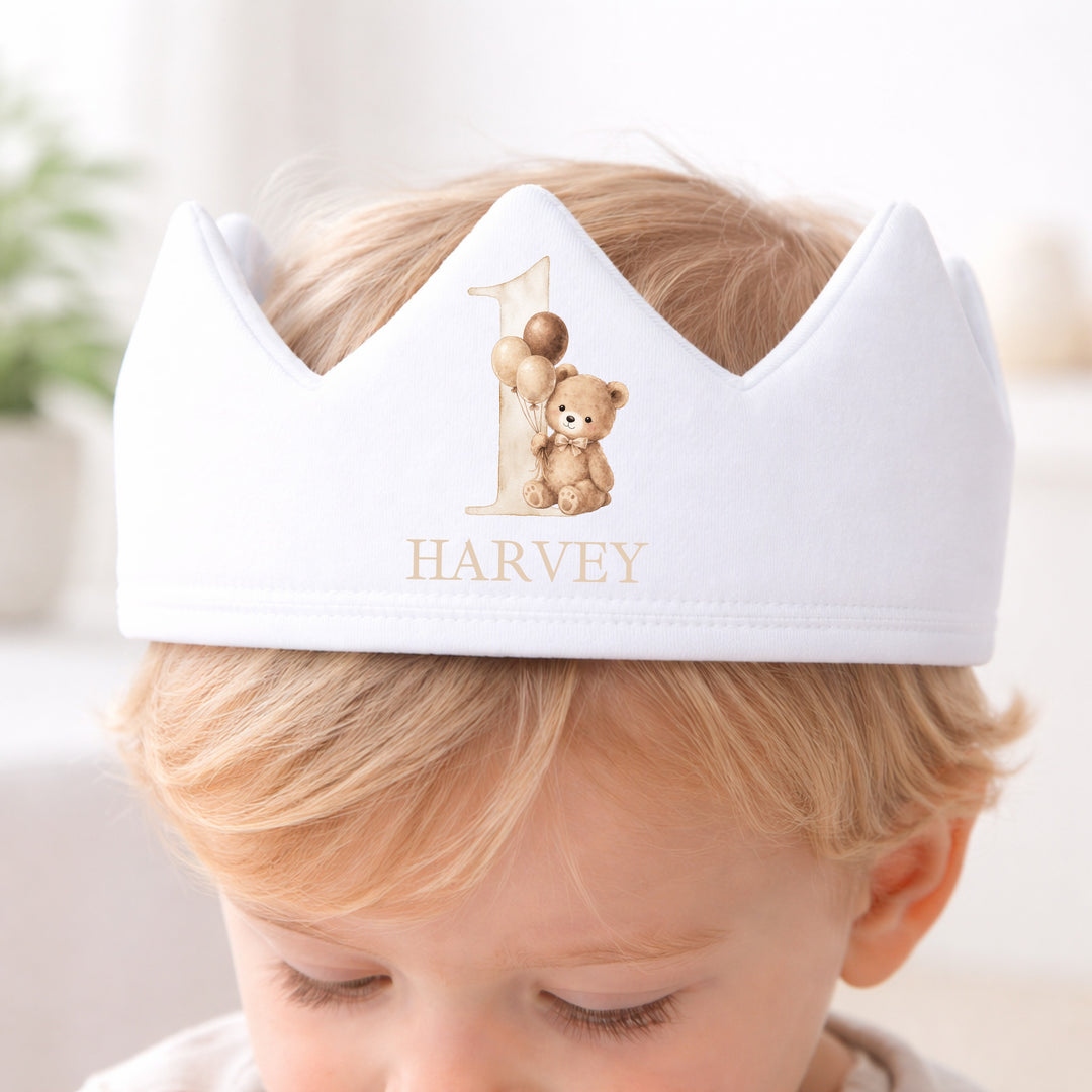 Personalised White Beige Teddy First Birthday Crown
