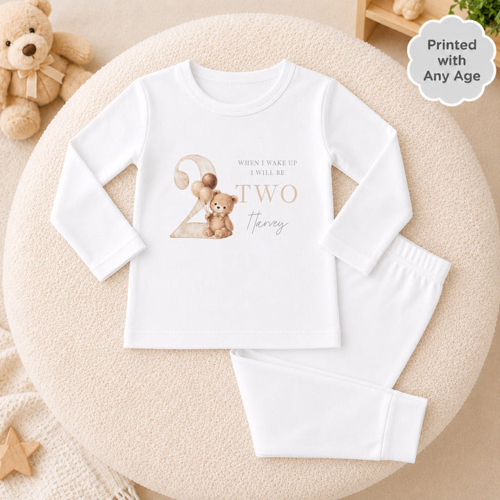 Personalised Beige Teddy Any Age Birthday Pyjamas