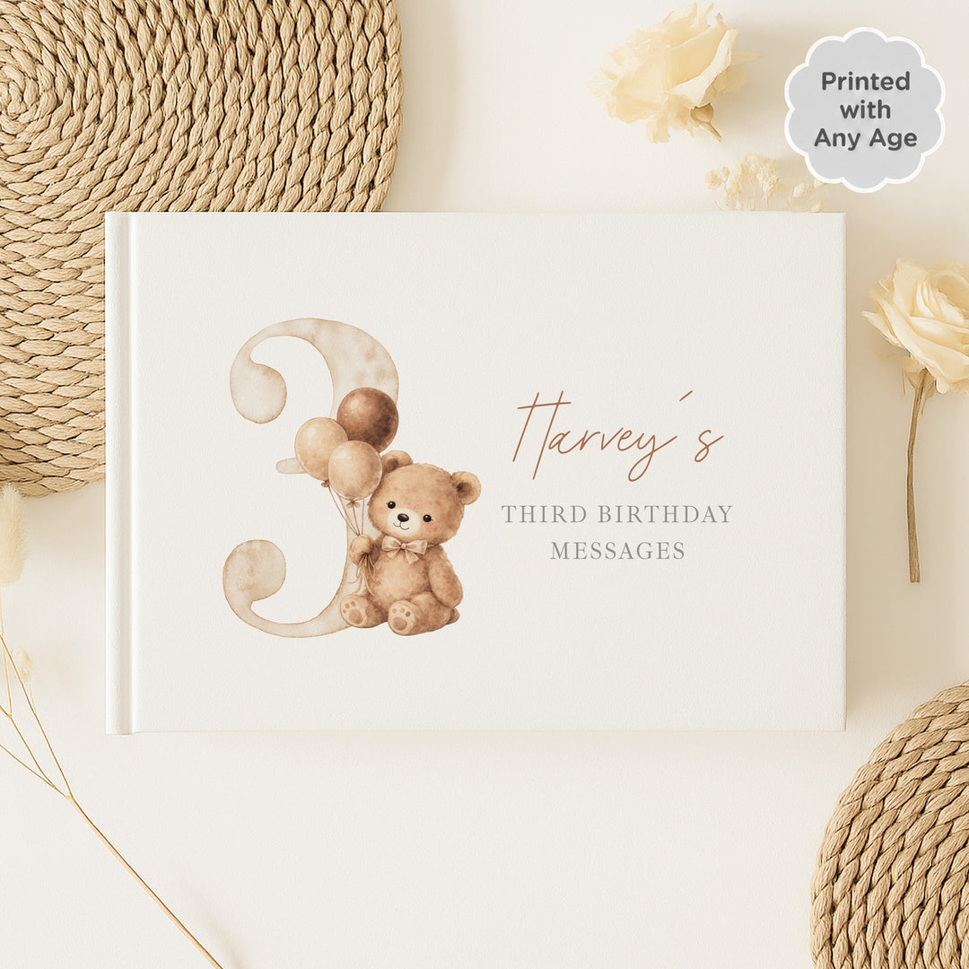 Personalised Beige Teddy Bear Any Age Birthday Guest Book