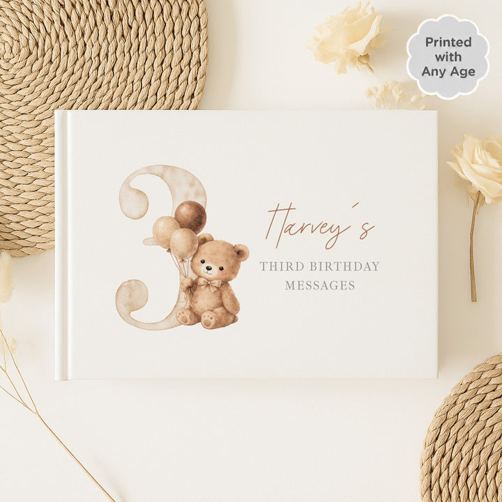 Personalised Beige Teddy Bear Any Age Birthday Guest Book