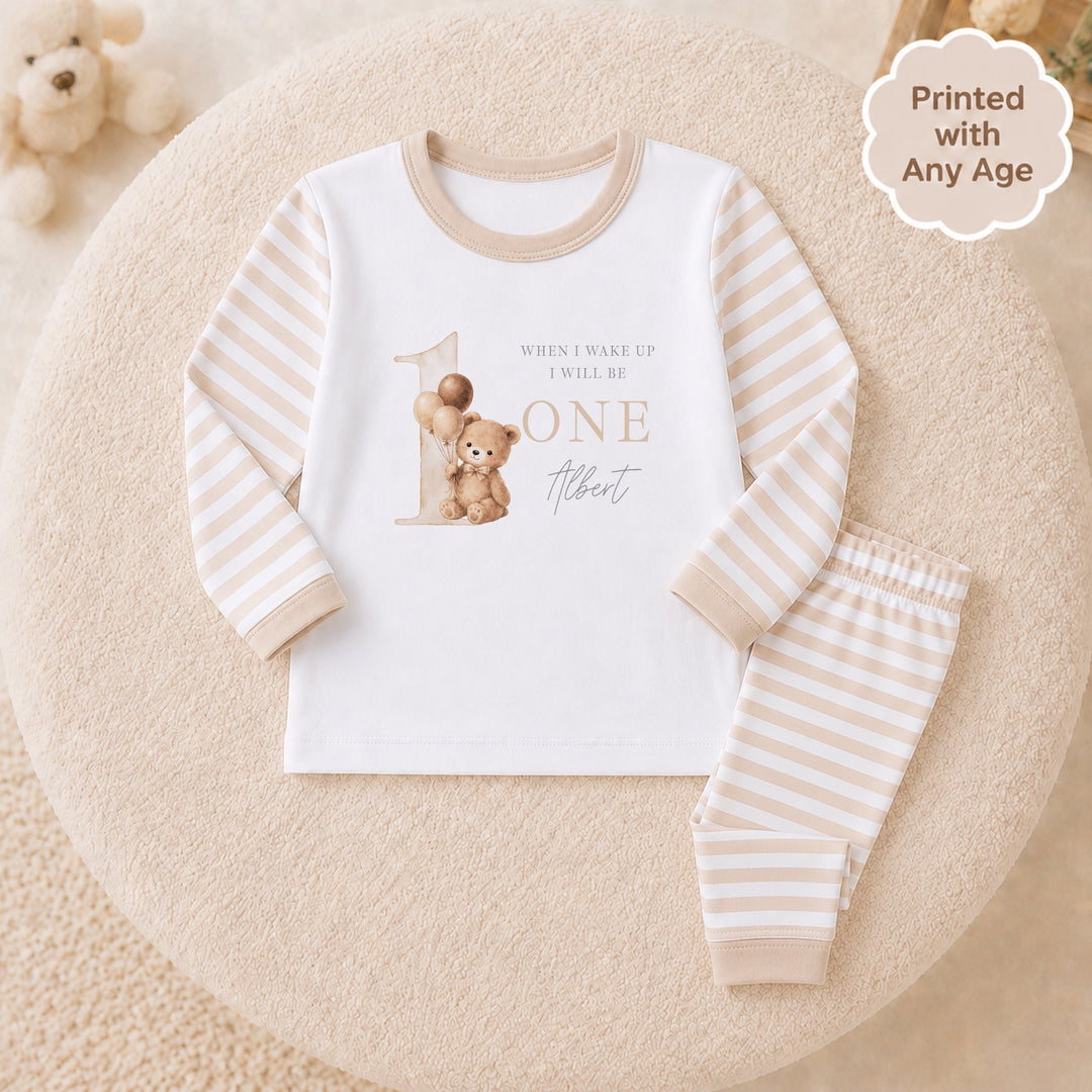 Personalised Beige Teddy Any Age Birthday Pyjamas