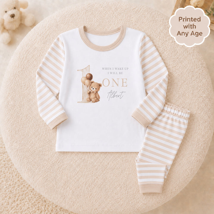 Personalised Beige Teddy Any Age Birthday Pyjamas