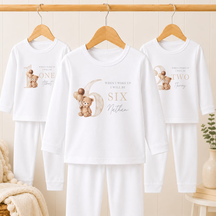 Personalised Beige Teddy Any Age Birthday Pyjamas