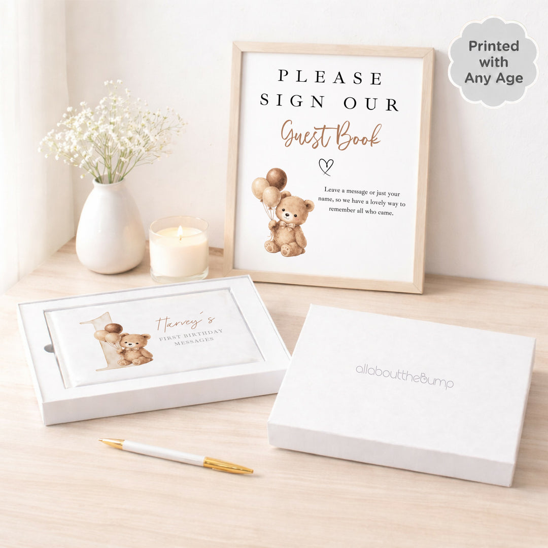 Personalised Beige Teddy Bear Any Age Birthday Guest Book