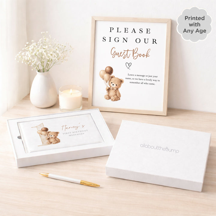 Personalised Beige Teddy Bear Any Age Birthday Guest Book