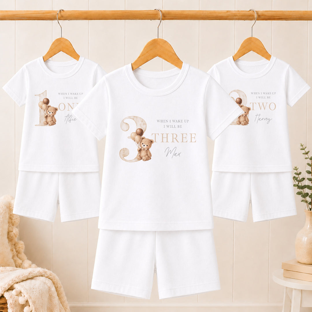 Personalised Beige Teddy Any Age Short Sleeve Birthday Pyjamas