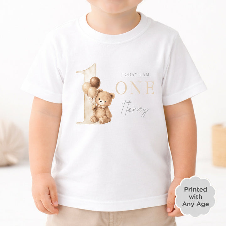 Personalised Beige Teddy Bear Any Age White Birthday T-Shirt