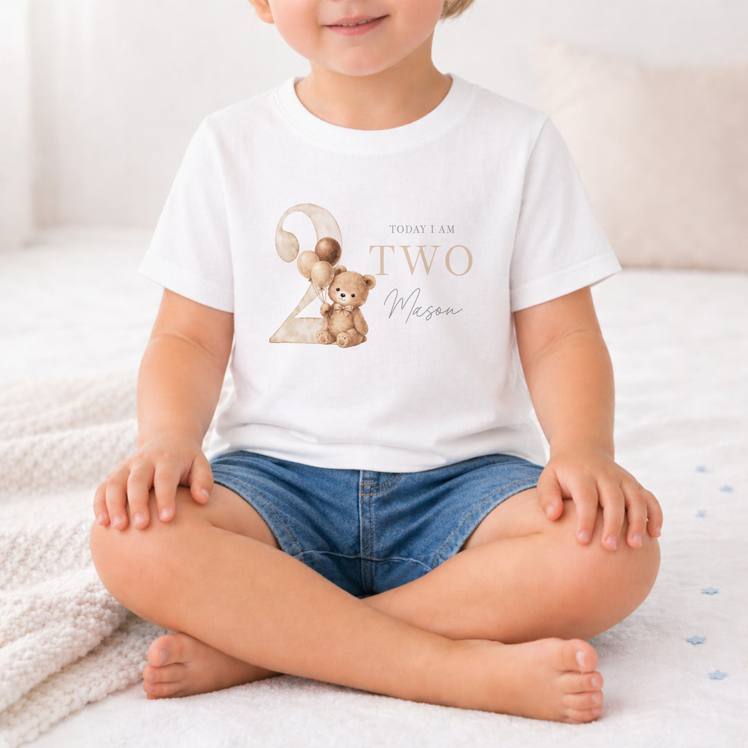 Personalised Beige Teddy Bear Any Age White Birthday T-Shirt