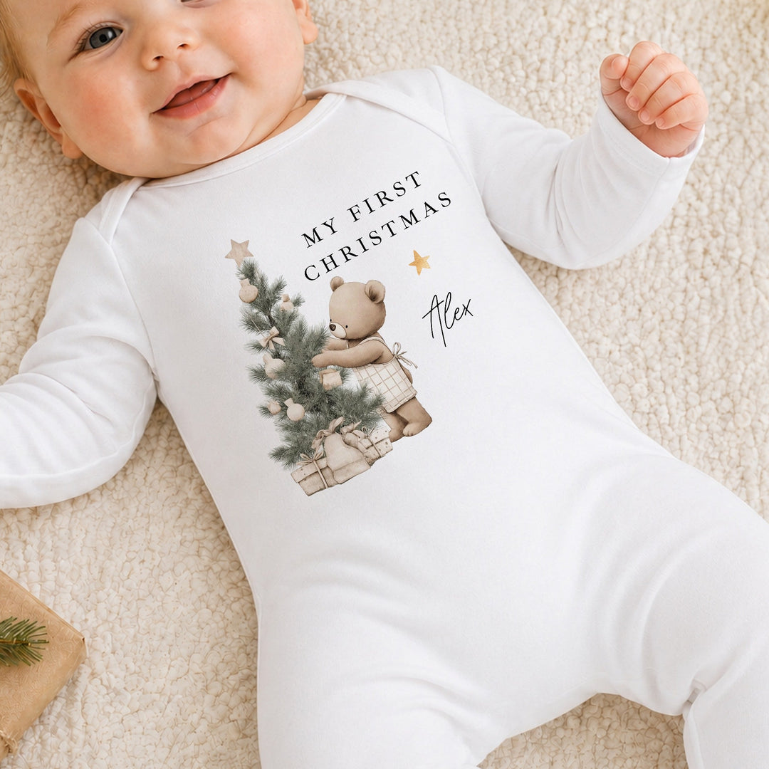 Personalised Beige Bear Tree My First Christmas Baby Grow Or Vest