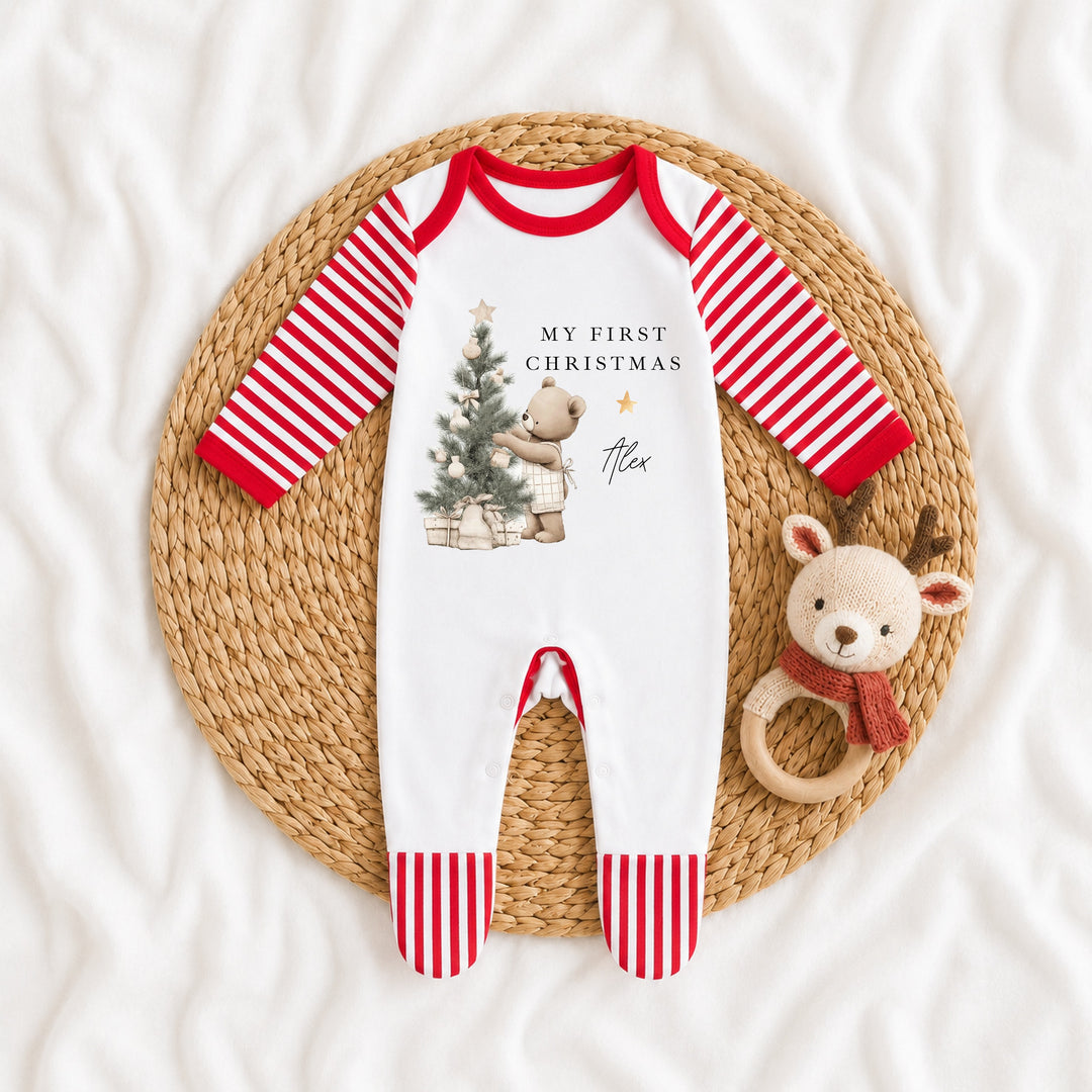 Personalised Beige Bear Tree My First Christmas Red Baby Grow
