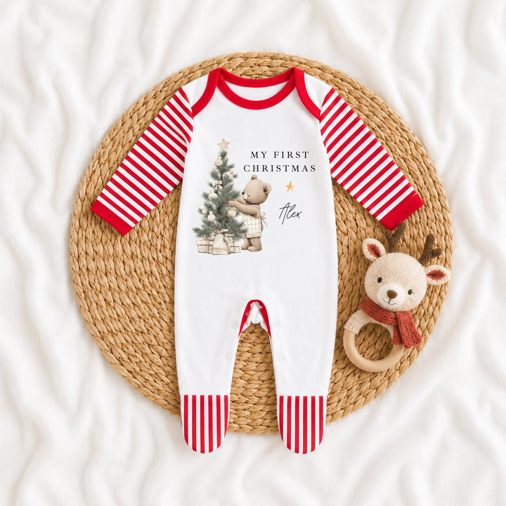 Personalised Beige Bear Tree My First Christmas Red Baby Grow