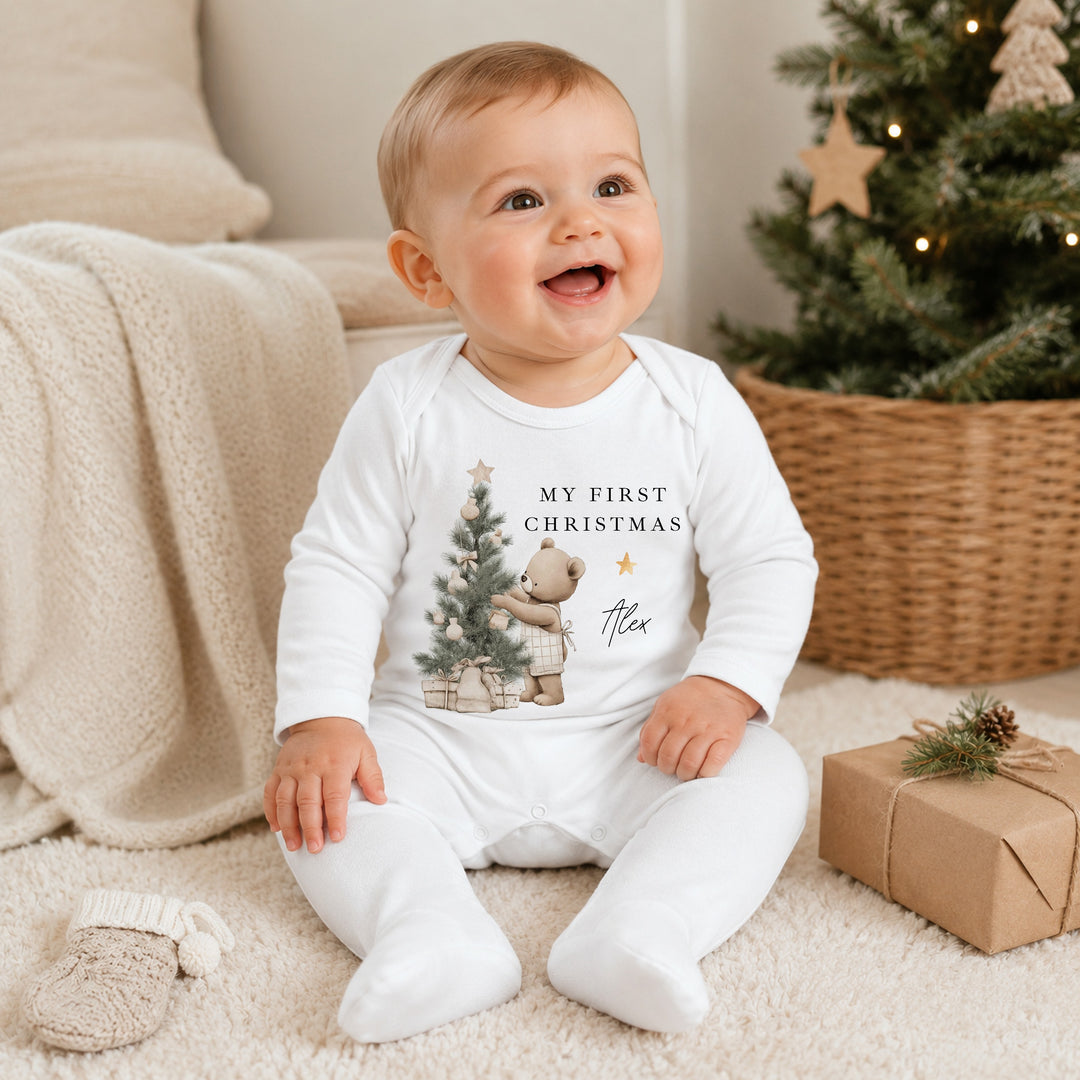 Personalised Beige Bear Tree My First Christmas Baby Grow Or Vest