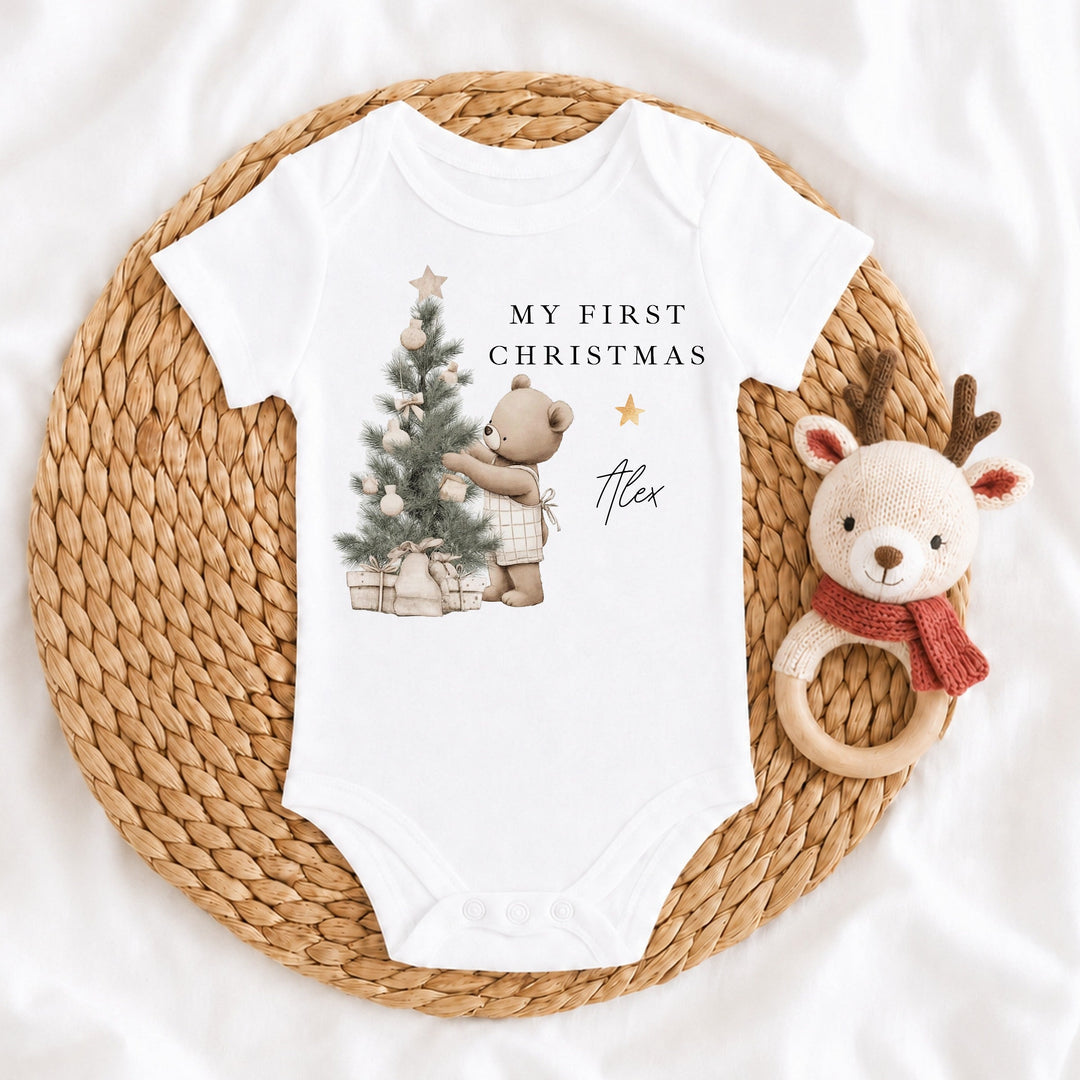 Personalised Beige Bear Tree My First Christmas Baby Grow Or Vest