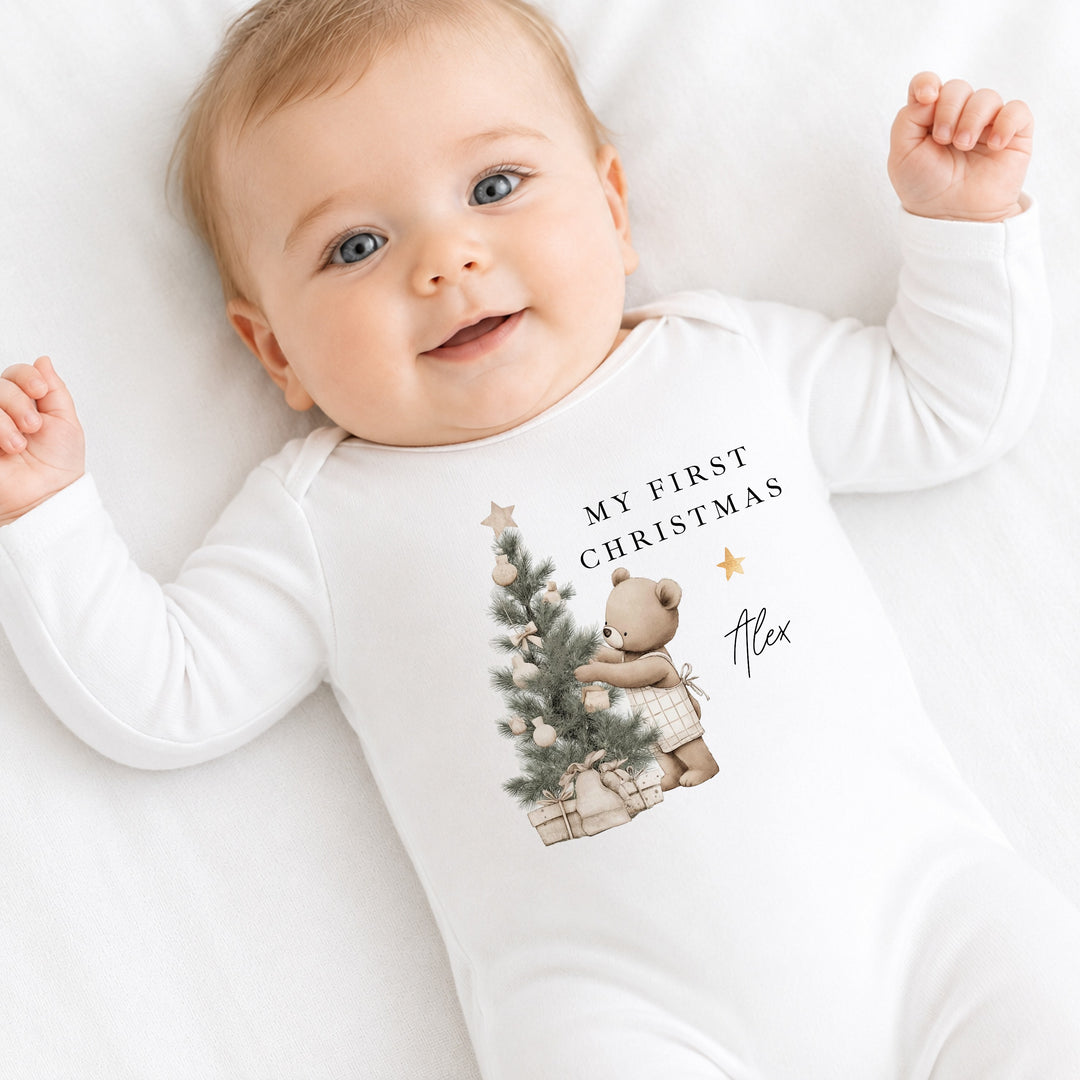 Personalised Beige Bear Tree My First Christmas Baby Grow Or Vest