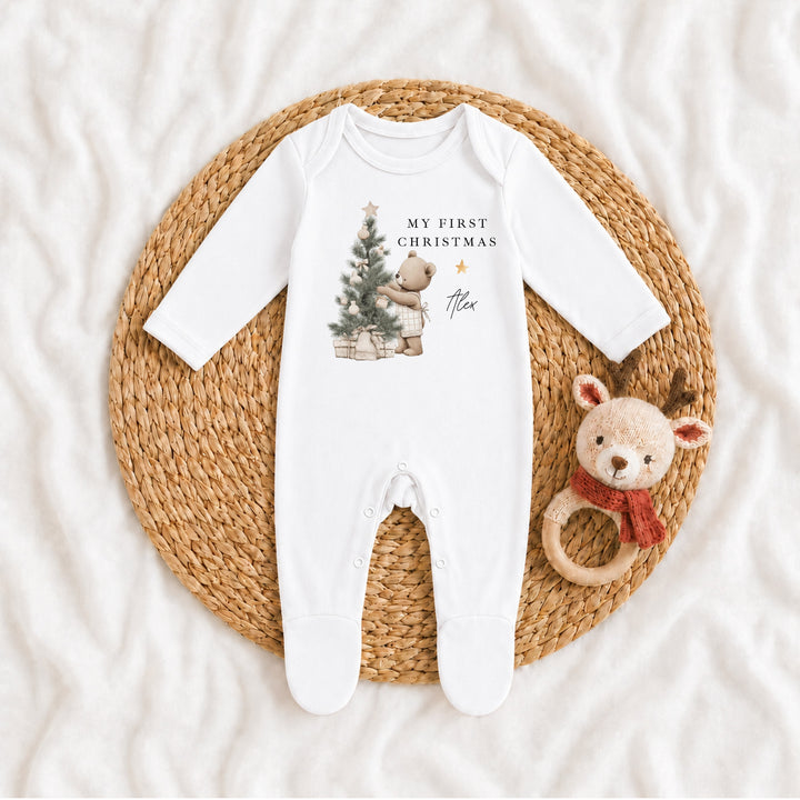 Personalised Beige Bear Tree My First Christmas Baby Grow Or Vest