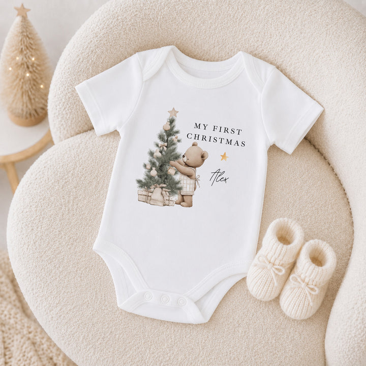 Personalised Beige Bear Tree My First Christmas Baby Grow Or Vest
