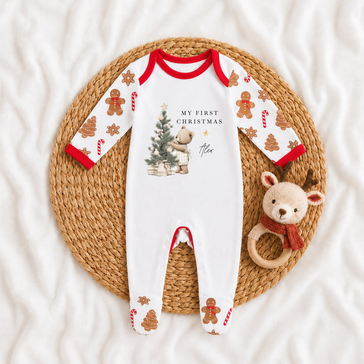 Personalised Beige Bear Tree My First Christmas Pattern Baby Grow