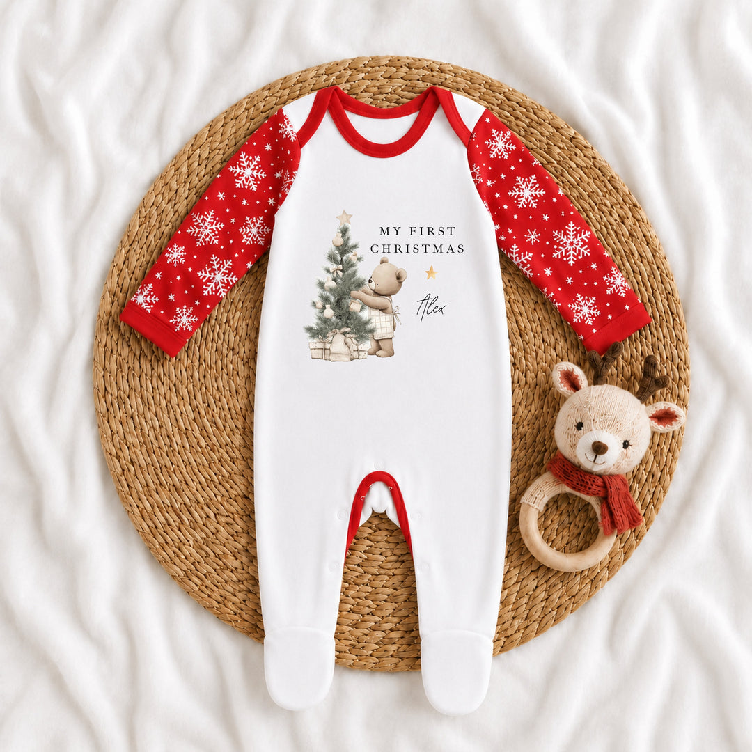 Personalised Beige Bear Tree My First Christmas Pattern Baby Grow