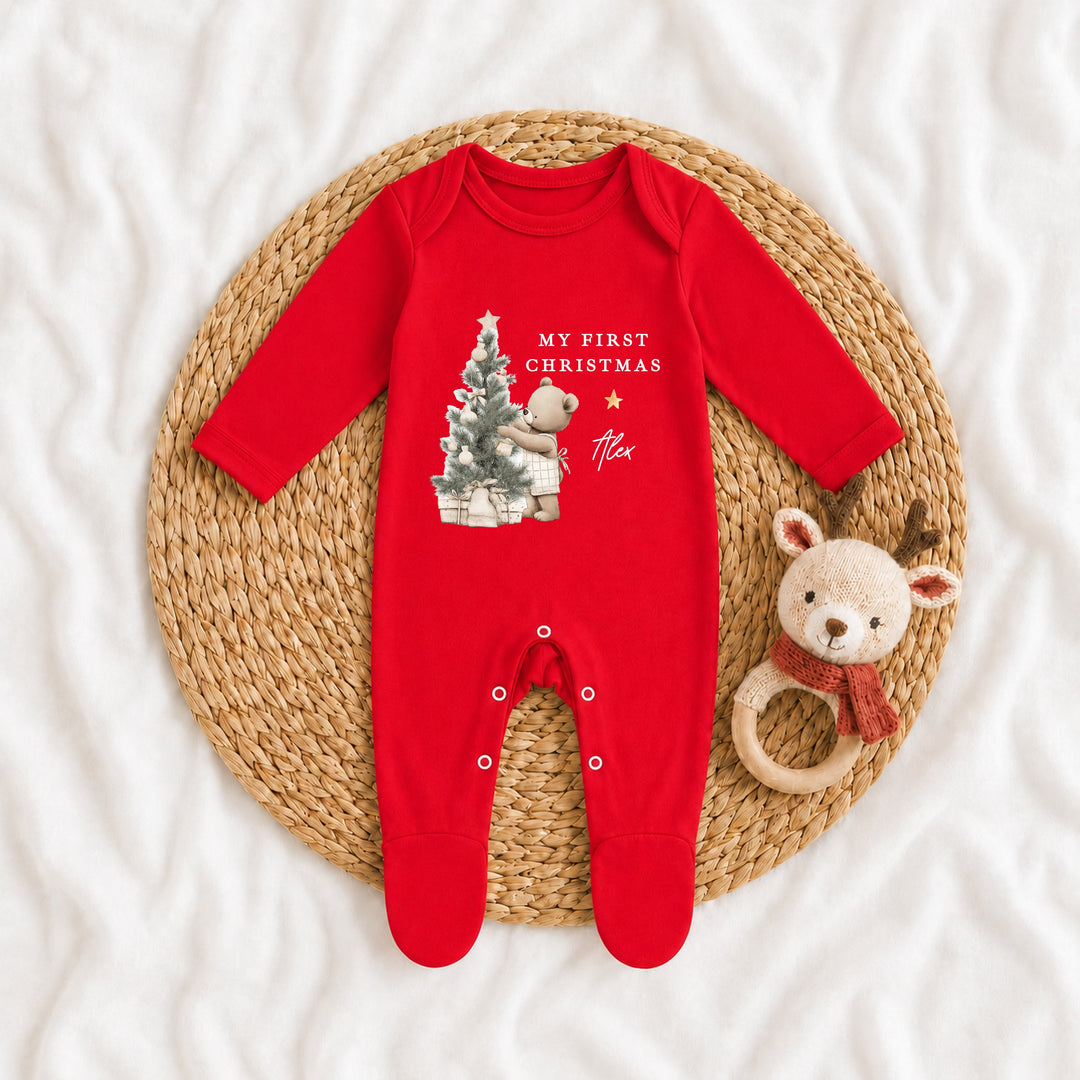 Personalised Beige Bear Tree My First Christmas Red Baby Grow