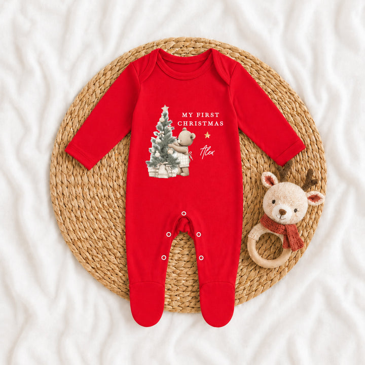 Personalised Beige Bear Tree My First Christmas Red Baby Grow