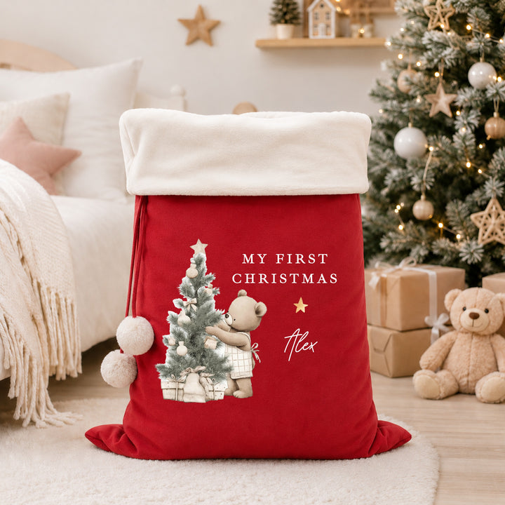 Personalised Beige Bear Tree My First Christmas Stocking or Santa Sack