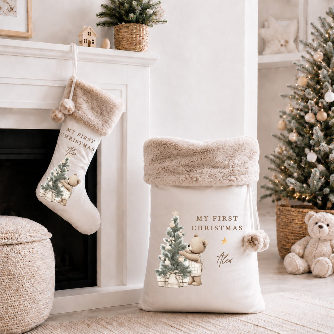 Personalised Beige Bear Tree My First Christmas Stocking or Santa Sack