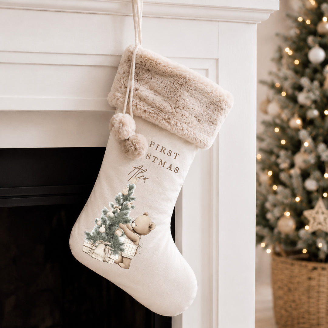 Personalised Beige Bear Tree My First Christmas Stocking or Santa Sack