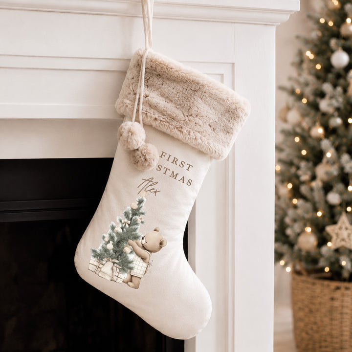 Personalised Beige Bear Tree My First Christmas Stocking or Santa Sack