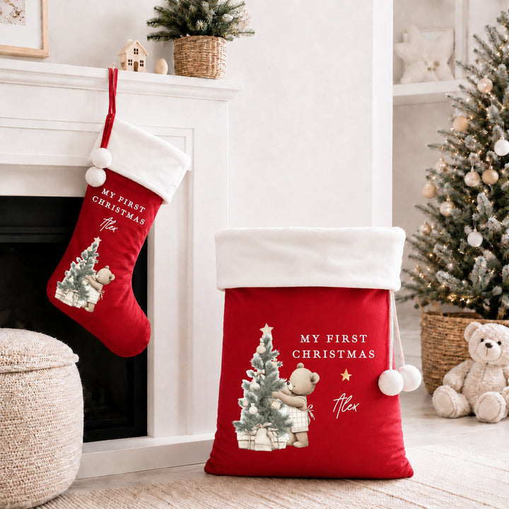 Personalised Beige Bear Tree My First Christmas Stocking or Santa Sack