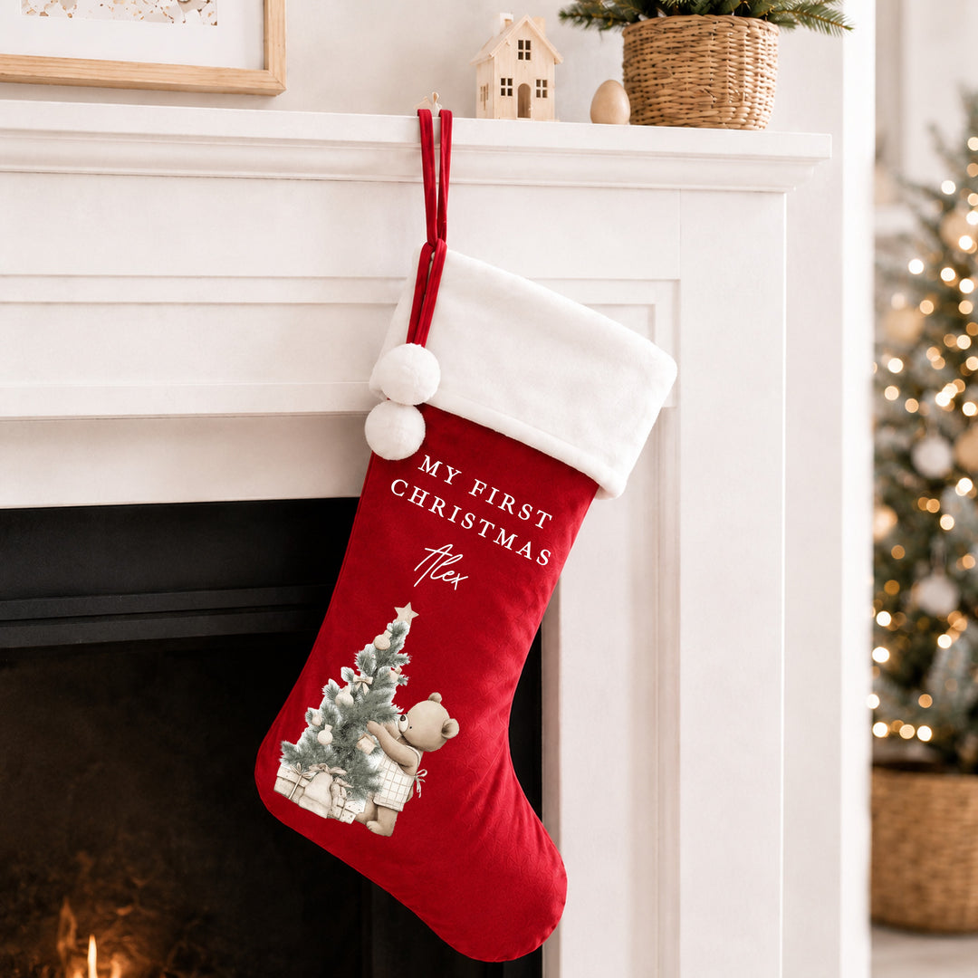 Personalised Beige Bear Tree My First Christmas Stocking or Santa Sack