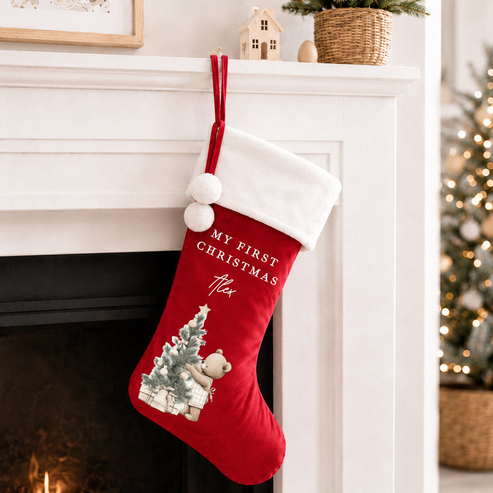 Personalised Beige Bear Tree My First Christmas Stocking or Santa Sack