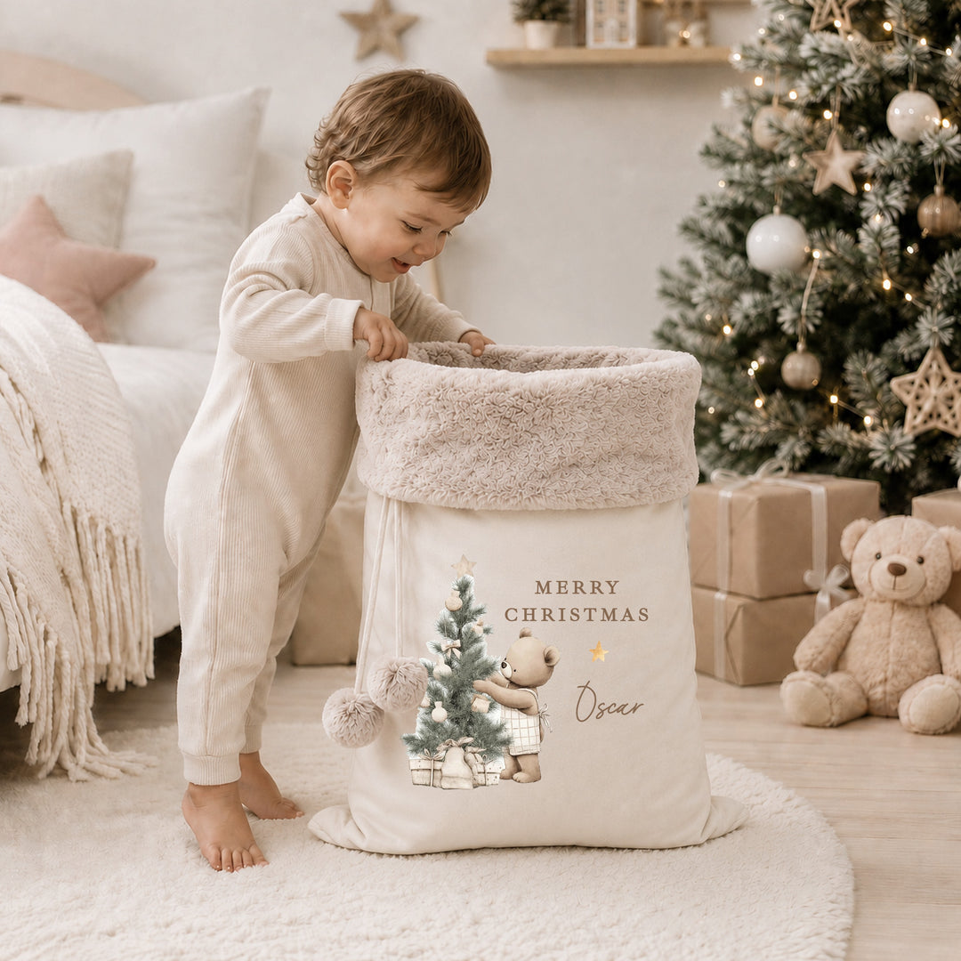 Personalised Beige Bear Tree My First Christmas Stocking or Santa Sack