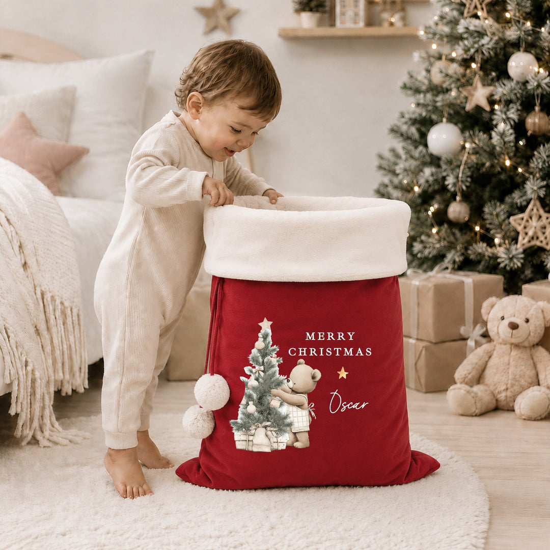 Personalised Beige Bear Tree My First Christmas Stocking or Santa Sack