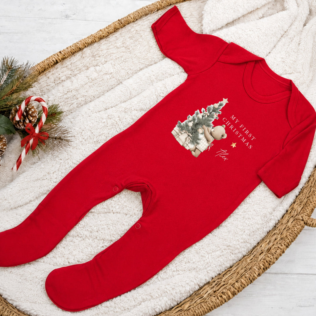 Personalised Beige Bear Tree My First Christmas Red Baby Grow